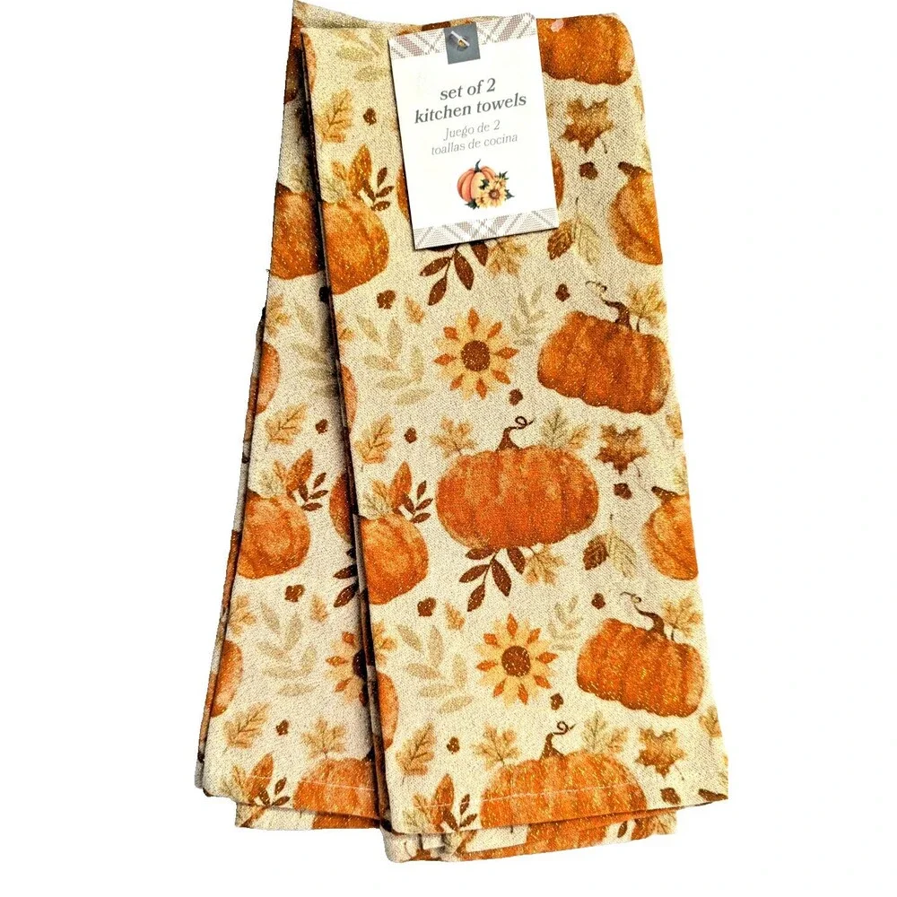 Sparkle Pumpkins Kitchen Towels 2-pc Fall Floral Leaves Orange Tan 16x28-in NEW